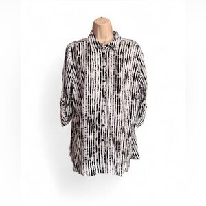 FDJ Hazy Stripe Button Front Blouse Size 12 Roll Tab Sleeve